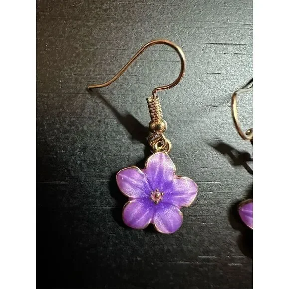Handmade Purple Flower Enamel Dangle Earrings - Picture 3 of 4